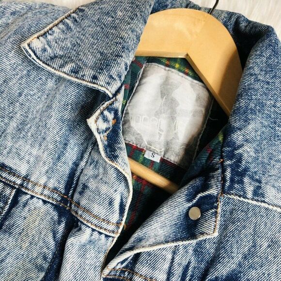 Vintage 80's 90's Women's Oversized Acid Wash Denim‎ Jacket Plaid Flannel Lined - Picture 9 of 9
